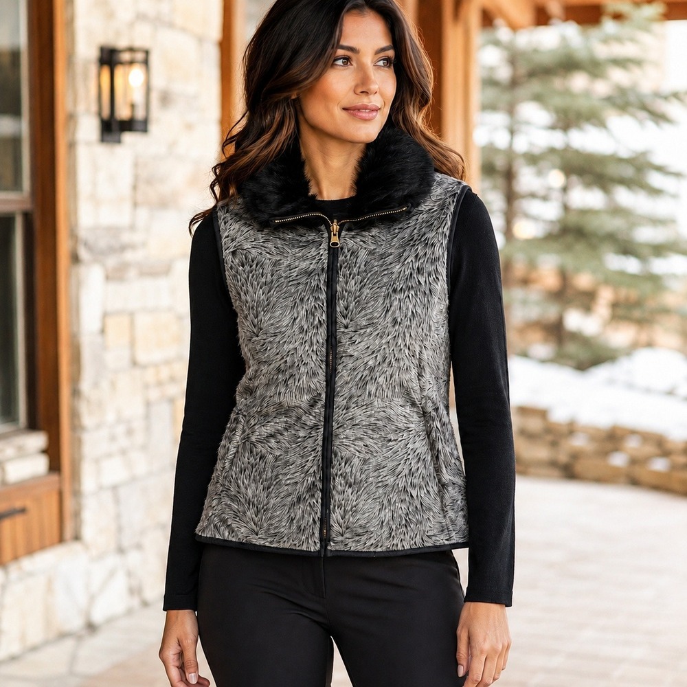 Adrienne Landau Reversible Faux Fur Vest Women M Black Gray Zip Front